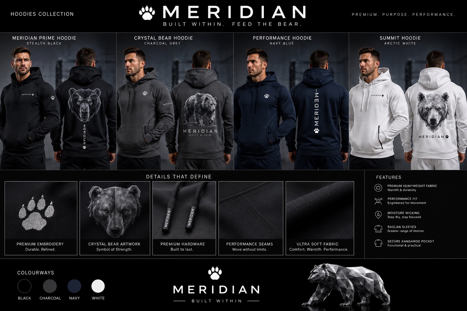 Four Meridian hoodie concepts in black charcoal navy and white
