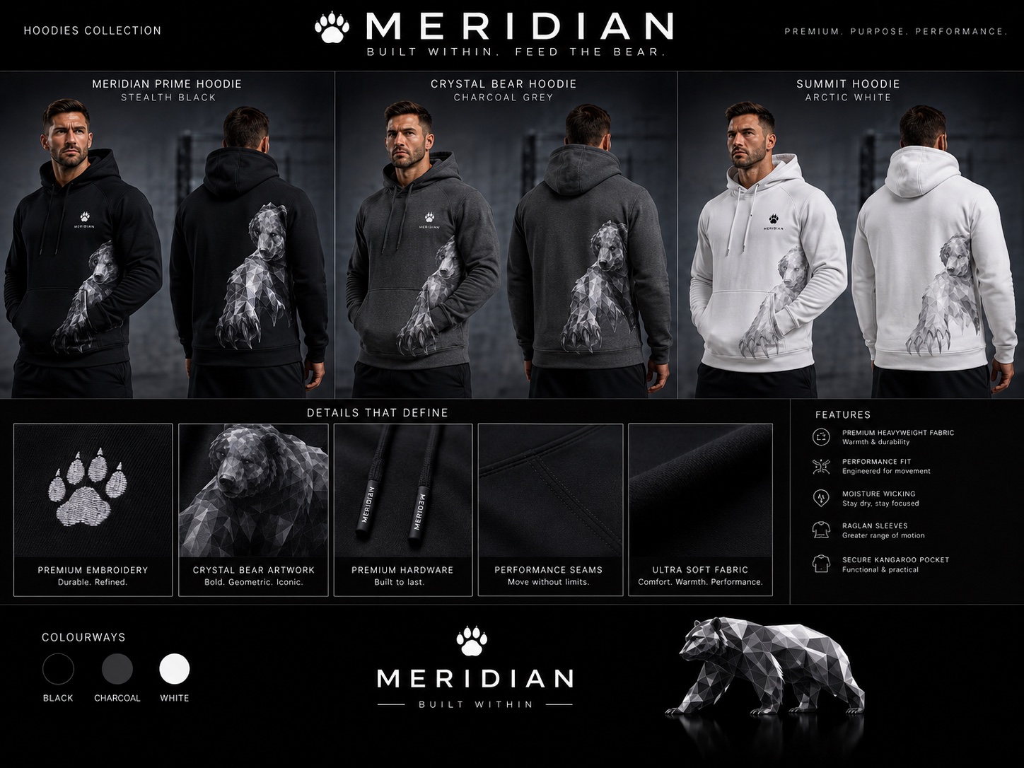 Three Meridian hoodies with geometric bear wrap artwork