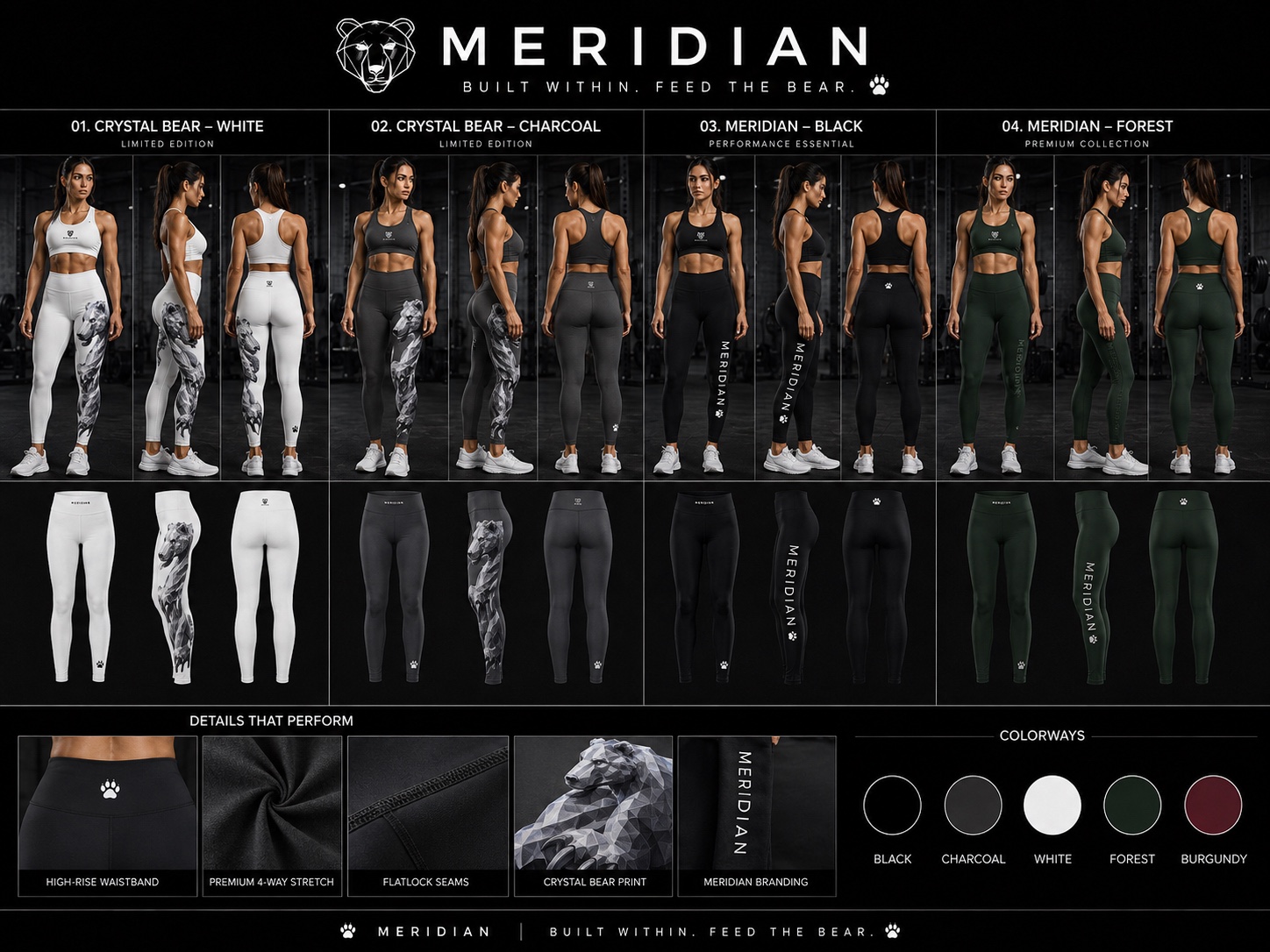 Women's Meridian performance legging concepts in four colours